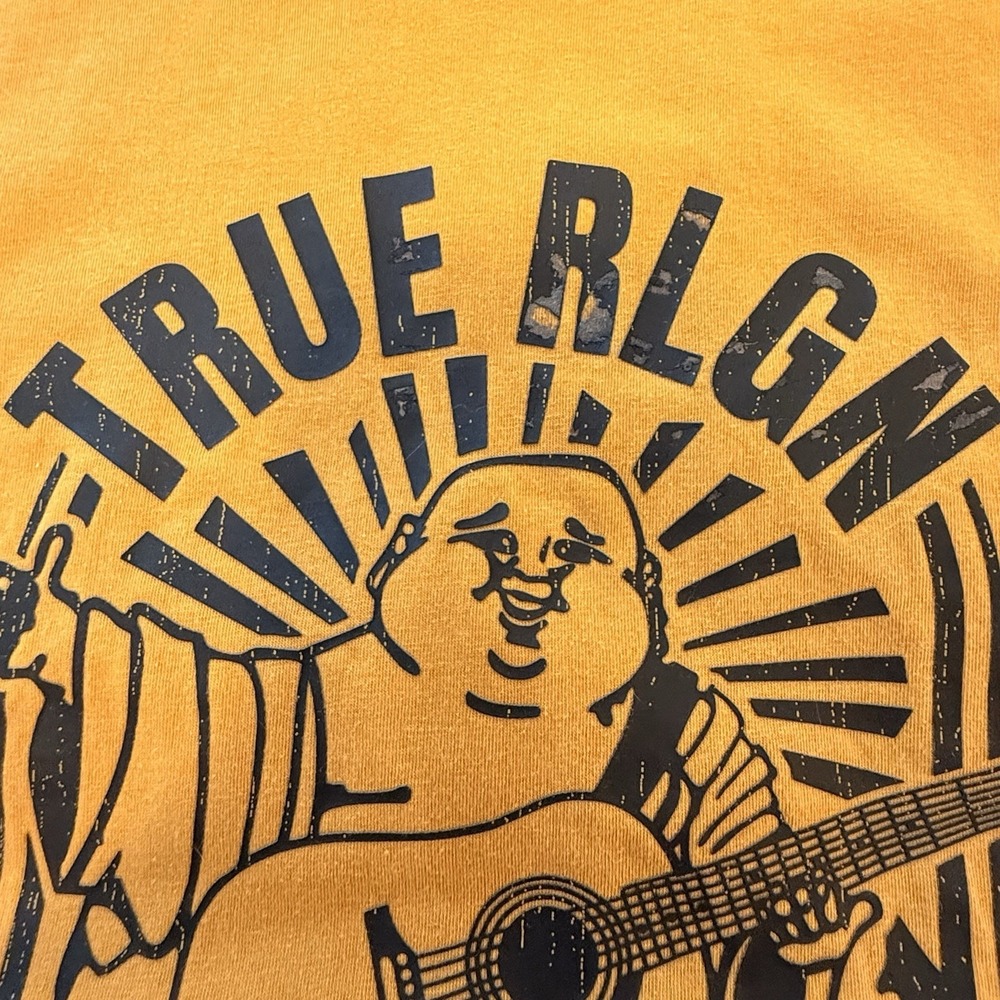 Distressed True Religion Buddha Logo W Guitar Antique Gold XL